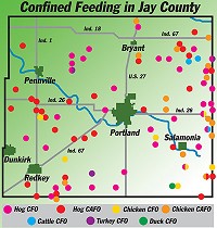 The above map shows the location of 88 confined feeding operations holding current Indiana Department of Environemental Management permits in Jay County. The county contains 43 Confined Feeding Operations (CFO) and 45 Concentrated Animal Feeding Operations (CAFO), which are larger operations. The locations of the points in the map are approximate and based on information provided by the IDEM. (The Commercial Review graphic/Steve Garbacz)