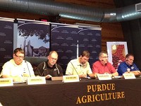 Purdue University agriculture experts discuss the corn and soybean outlook for the 2012 seasson Friday, Aug. 10, 2012, at the Indiana State Fair in Indianapolis. They report a 28 percent decline in corn yields and a 22 percent decline in soybean yields compared to last year. Extreme heat and drought conditins across the Midwest is the reason for the crippled crop. / By Eric Weddle/Journal &amp; Courier