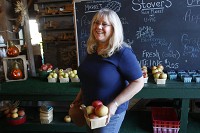 Margie Morphey picks up a few apples at Stover&Acirc;&iquest;s Farm Market and U-Pic in Berrien Springs on Tuesday. Apple orchards in Michigan and Indiana are producing the least amount of fruit in decades. (South Bend Tribune/SANTIAGO FLORES) (September 13, 2012)