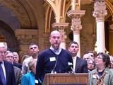 Republican House Speaker Brian Bosma (at podium) is surrounded by Republican House members during a press conference Wednesday. Republicans won 69 of 100 House seats to gain a supermajority control of the chamber. Staff photo by Maureen Hayden