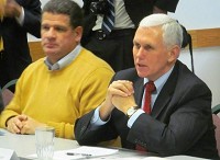 Gov. Mike Pence, right, with Lafayette Mayor Tony Roswarski, at the roundtable. Staff photo by Eric Weddle.