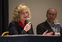 Glenda Ritz, Indiana state superintendent of public instruction, and Matthew Tully, Indianapolis Star political columnist, speak Monday night during "A Dialogue on Education in Indiana" inside Carroll Auditorium at Saint Mary's College. Staff photo by Robert Franklin