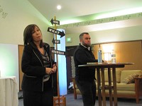Amber Hensell-Hicks and Alan Grecula from Frontline Foundations discuss their drug treatment program during a presentation in LaPorte. (SBT Photo/STAN MADDUX)