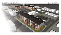 A $3.3 million state tax credit could lead to the construction of a 157-unit, upscale apartment complex on the former Coyle Chevrolet property along Spring Street in downtown New Albany. The estimated $16 million development, which would include multiple five-story apartment buildings and a renovation of the Coyle showroom into restaurant and office space, could begin later this year. Provided rendering