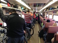 South Shore passengers will be able to take bikes aboard on the weekend beginning April 2 as they did here last year during a test run. Provided photo