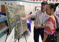 East Chicago resident Maritza Lopez, right, talks with EPA Remedial Project Manager Tim Drexler about testing soil in the Calummet neighborhood during a forum Aug. 30, 2016. Lopez is working with other residents in the USS Lead Superfund site to create a community advisory group under EPA guidelines. Staff photo by Jonathan Miano