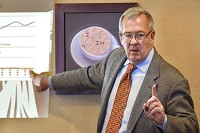 Michael J. Hicks, the George and Frances Ball distinguished professor of economics and the director of the Center for Business and Economic Research at Ball State University, speaks during the Marion Rotary Club luncheon Tuesday, Nov. 22, 2016. He spoke about the need for Indiana counties to embrace a new model of economic development. Staff photo by Jeff Morehead