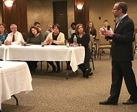 Speaking: Darrel Zeck, executive director of the state office of Work-Based Learning and Apprenticeship, speaks during a work-based learning program Thursday at the Ohio Building in downtown Terre Haute. Zeck said the No. 1&nbsp;obstacle to business growth in Indiana is a supply of human capital. Staff photo by Howard Greninger