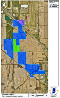 The city&rsquo;s planned annexation area is highlighted on this map. The site of the POET Biofuels ethanol refinery, on County Road 300 North, is the lighter green area. For reference, Interstate 74 cuts diagonally across the upper half of the map; the horse track at Indiana Grand Racing &amp; Casino isthe oval in the upper left. The POET site and most of the rest of the area is zoned now for agricultural use. The city&rsquo;s proposedrezoning for thearea to the left of the POET site; the two tracts to the lower right; and the one rectangular area immediately to the north of POET is General Industrial use.