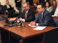 Gov. Eric Holcomb's State Budget Director Jason Dudich, left, and Indiana Office of Management and Budget Director Micah Vincent, present his 2020-21 state spending plan Thurday to the State Budget Committee. Staff photo by Dan Carden