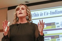 State Superintendent of Education Jennifer McCormick gives a presentation Wednesday at Merrillville High School. Teacher pay and work conditions are among the leading causes of the state&rsquo;s retention struggle, McCormick said. Staff photo by John J. Watkins