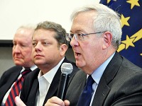Michael Hicks, director of the Center for Business and Economic Research at Ball State University, speaks at an Oct. 4, 2018, panel discussion on tariffs in Indianapolis. "The existence of the township hasn't been really an appropriate way of delivering public services for poor relief for half and century and fire protection for 40 years probably," he says. Staff photo by Scott L. Miley