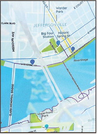Each LouVelo bike share station provides a map of other nearby stations, like the area between downtown Jeffersonville and the Louisville waterfront seen at the corner of Spring Street and Riverside Drive in Jeffersonville. In addition, the bikes are equipped with a GPS to follow along during use. According to the LouVelo web site, the company has more than 320 bicycles at 29 stations in Louisville, branching into Jeffersonville with the three new stations.