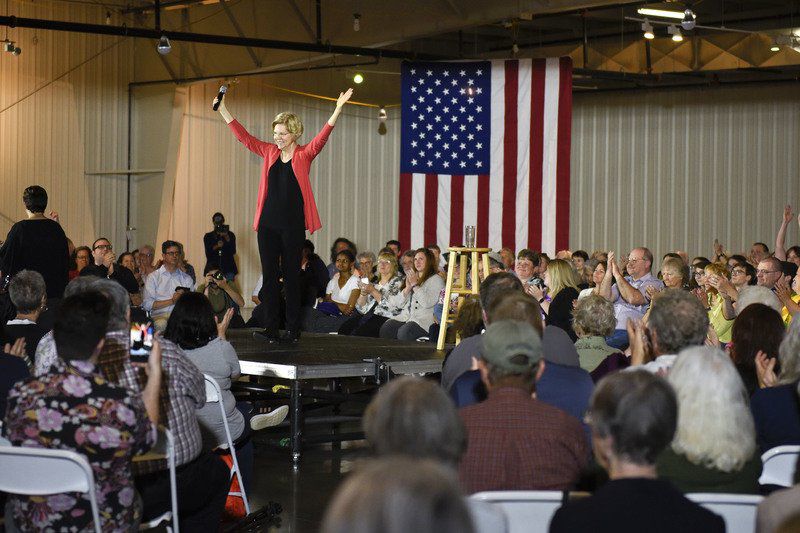 SENATOR AND DEMOCRATIC PRESIDENTIAL CANDIDATE Elizabeth Warren reacts to applause during a campaign event at the Northern Indiana Event Center. Staff photo by Ben Mikesell