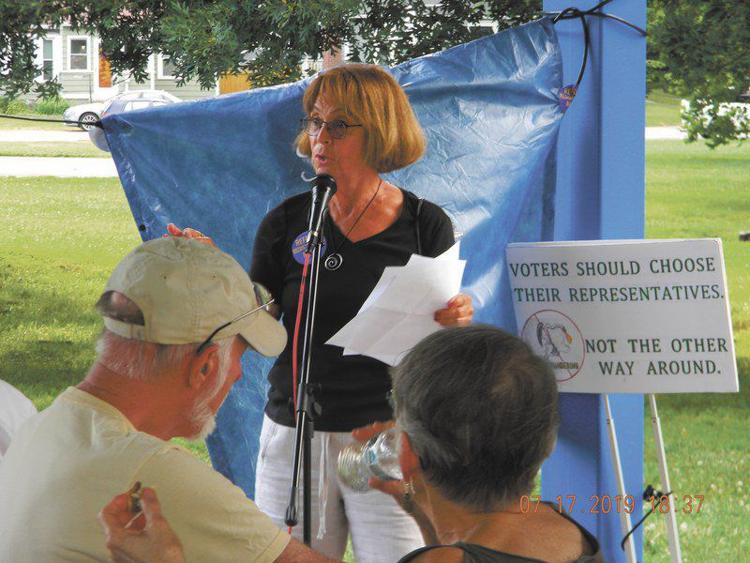 Debbie Asberry, of the League of Women Voters of Indiana, addresses a crowd at Arsenal Park on the importance of tackling gerrymandering before the 2020 census. CNHI News Indiana photo by Whitney Downard