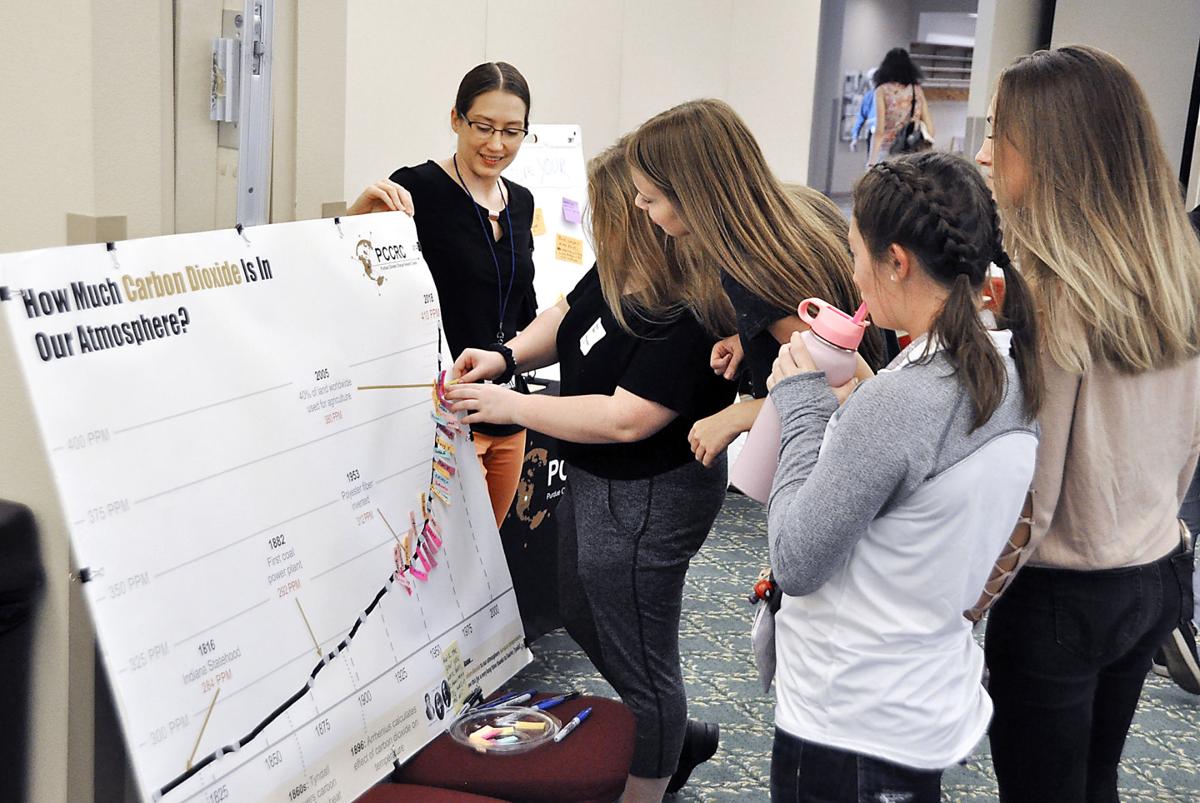 High school students place markers on a chart showing how carbon dioxide has worsened

since Indiana gained statehood in 1816 — from 284 parts per million to the current 410 ppm. The chart was prepared by Melissa Widhalm, operations manager of the Purdue Climate Change Research Center, and presented at September’s Climate Leadership Summit in Goshen. CNHI News Indiana photo by Scott L. Miley