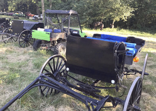 Several horse-drawn buggies filled a designated parking area at the Columbia Township Community Center chicken dinner on Sept. 7, along with one green motorized buggy. The horse-drawn buggies belong to some of the Amish families that will be having a chicken dinner benefit this Saturday at the Community Center. Staff photo by Bob Hansen