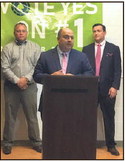 In favor: State Sen. Jon Ford, flanked on the left by John Collett, chair of Advance West Central Indiana Political Action Committee and on the right by Matt Bell, president and CEO of the Casino Association of Indiana, talks about the importance of Vigo County residents to cast a vote in a casino referendum for the Nov. 5 general election. Staff photo by Howard Greninger