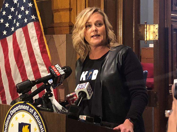 Jennifer McCormick, the state superintendent of public instruction, addresses the media Tuesday at a statehouse press conference during Red For Ed, a teacher rally. CNHI News Indiana photo by Whitney Downard