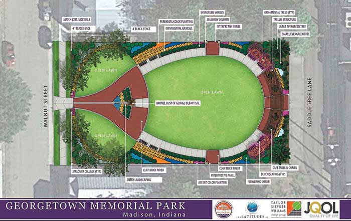 An architectural drawing of the City of Madison’s proposed Georgetown Memorial Park on Walnut Street to honor and recognize the city’s role in the Underground Railroad and African-American conduct0r George DeBaptiste. (Image courtesy Georgetown Memorial Park Project.)
