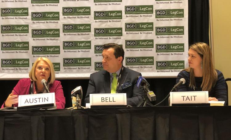 From left, Rep. Terri Austin; Casino Association of Indiana President Matt Bell; and Sara Tait, the executive director of the Indiana Gaming Commission, discuss the major changes to gambling in Indiana during the 2019 BGD LLC Legislative Conference. Photo by Whitney Downard | CNHI Statehouse Reporter