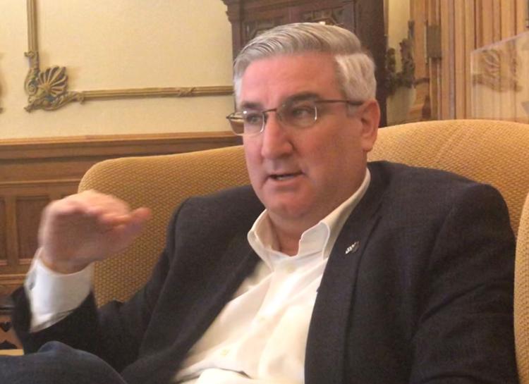 Indiana Gov. Eric Holcomb discusses Attorney General Curtis Hill, gambling and teacher pay at the end of 2019. Photo by Whitney Downard | CNHI Statehouse Reporter