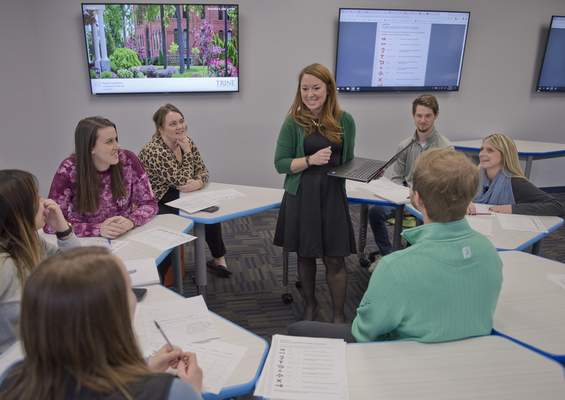 Alison Todd, assistant education professor at Trine University, instructs future teachers in a classroom redesigned with help from a $250,000 donation.