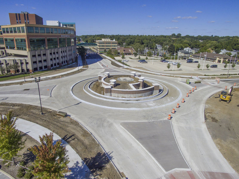 Finishing touches are put on a new roundabout at Michigan and Bartlett Streets in South Bend, one of the many changes to downtown roads under Pete Buttigieg’s “Smart Streets” program. Tribune file photo