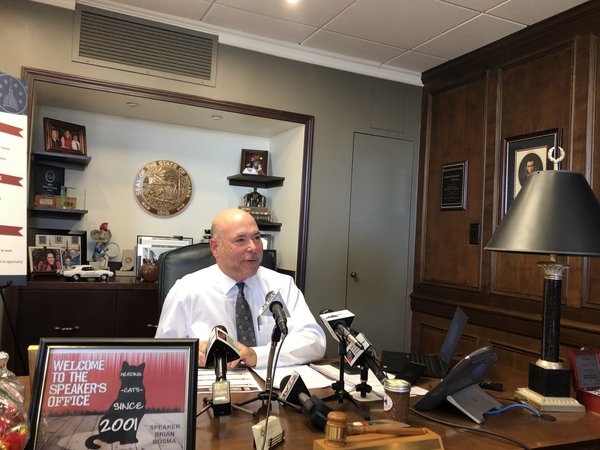 
House Speaker Brian Bosma announces the agenda for House Republicans on Monday at the Statehouse. (IBJ photo/Lindsey Erdody)