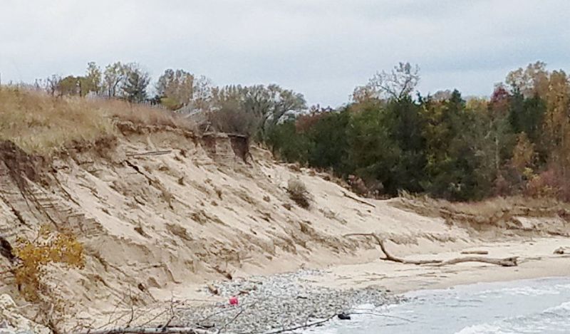 The narrow pathway beach goers used to reach the beach at Portage Lakefront and Riverwalk Park has been lost to erosion. But tourism agencies remind residents and visitors there are other ways to enjoy Indiana beaches. (Carole Carlson / Post-Tribune)