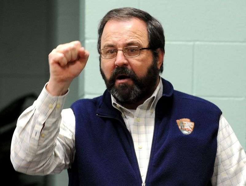 Paul Labovitz makes a point while speaking to a small group of people at the Indiana Dunes Tourism Visitors Center in Porter Thursday March 5, 2020. Labovitz, superintendent of the Indiana Dunes National Park gave a presentation and then answered questions from the audience. (Andy Lavalley / Post-Tribune)