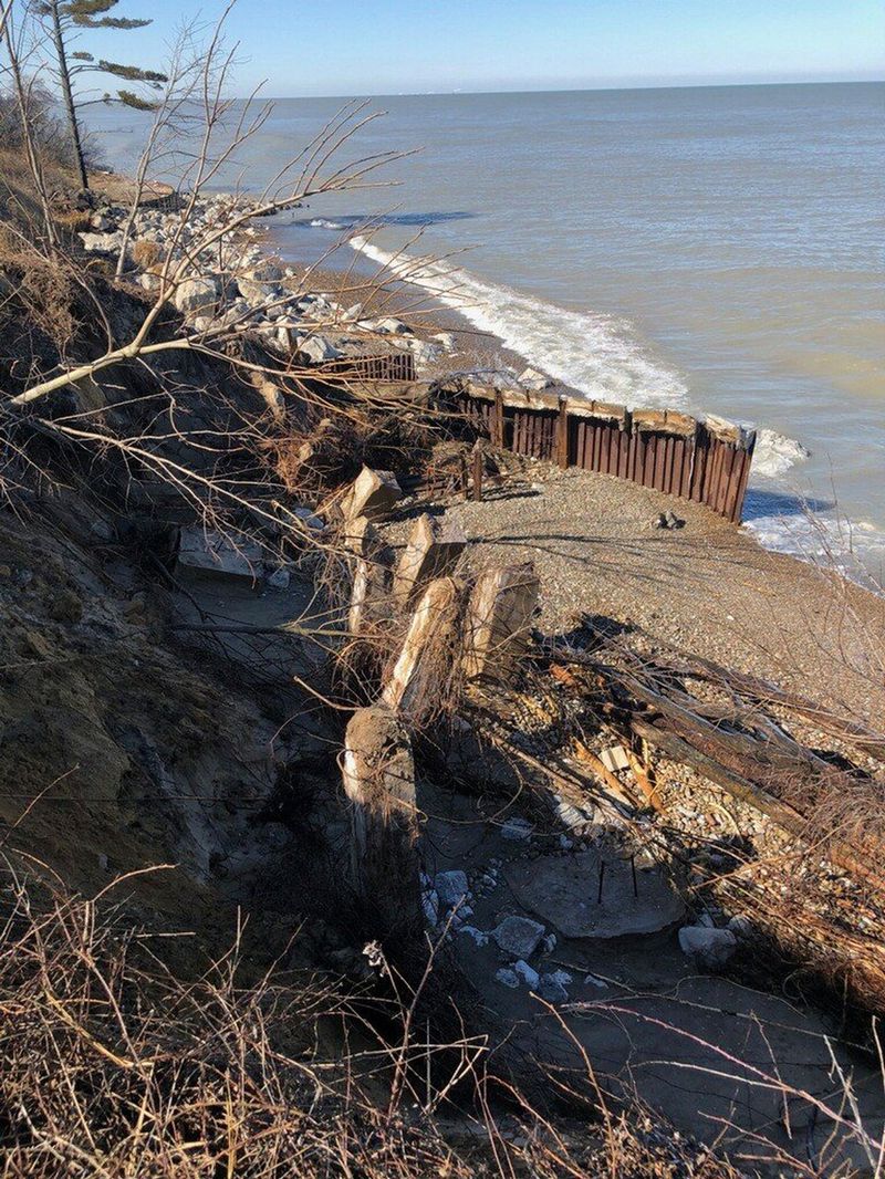This photo, taken Sunday, in front of 325 Lake Front Drive in Beverly Shores, shows a broken seawall. - Original Credit: Post-Tribune (Provided by Geof Benson / HANDOUT)