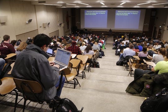 Purdue President Mitch Daniels is looking for ways to deal with large lecture classes, including this one in Lilly Hall, as the university looks to reopen for the fall 2020 semester under lingering conditions of a coronavirus pandemic. (Photo: J&C file photo)