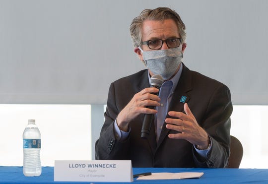 Evansville Mayor Lloyd Winnecke was among a panel of community and health officials at Deaconess Orthopedic and Neuroscience Hospital Thursday talking about a new large-scale testing effort being undertaken in Evansville. (Photo: MaCabe Brown / Courier & Press)