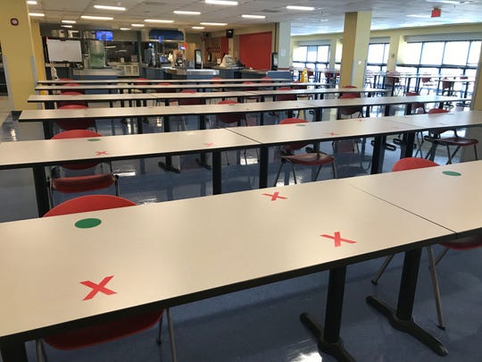 Cafeteria with only one chair to a table and markers indicating where not to sit (Photo: TMMI)