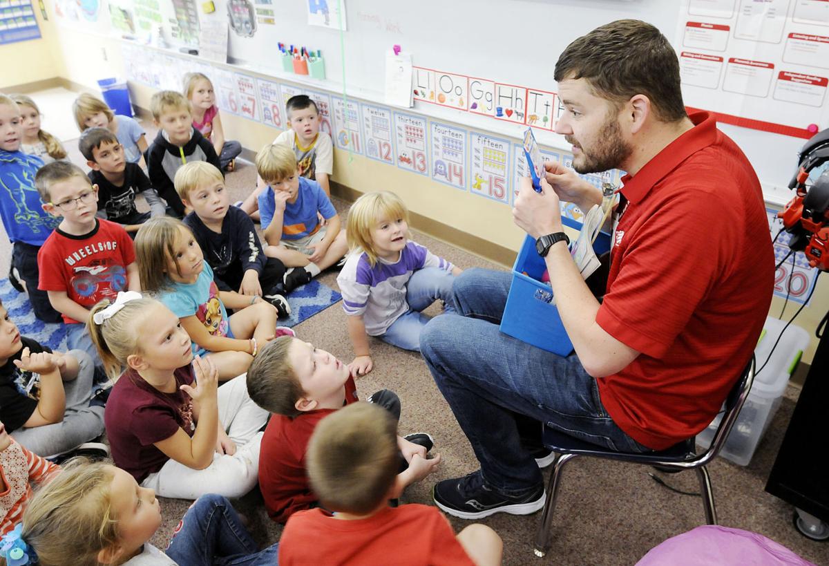 Frankton Elementary Assistant Principal Joe Bowman talks to students in Jessica Patton’s fourth grade class about items in their amygdala reset station as part of the school’s socioemotional learning in this Herald Bulletin file photo from 2018.