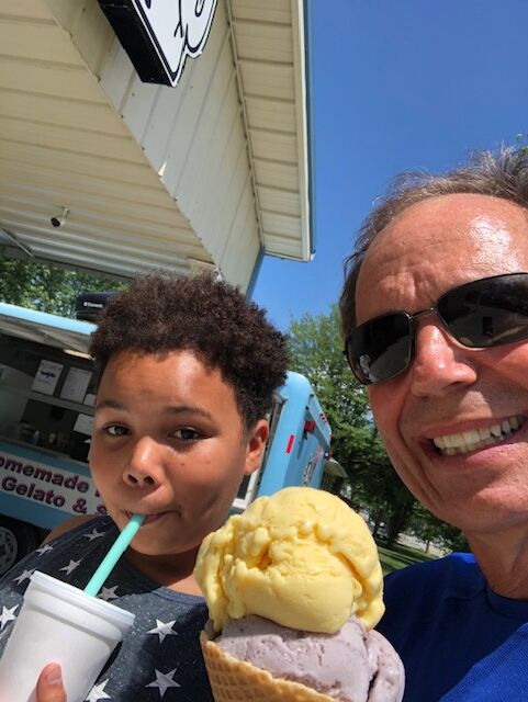 Jim Sowders, right, of Bedford, and his grandson K.J. Mack are exploring southern Indiana towns while completing the Discover Southern Indiana Ice Cream Trail. The trail invites participants to visit 14 ice cream shops and restaurants in eight counties. (Courtesy photo)