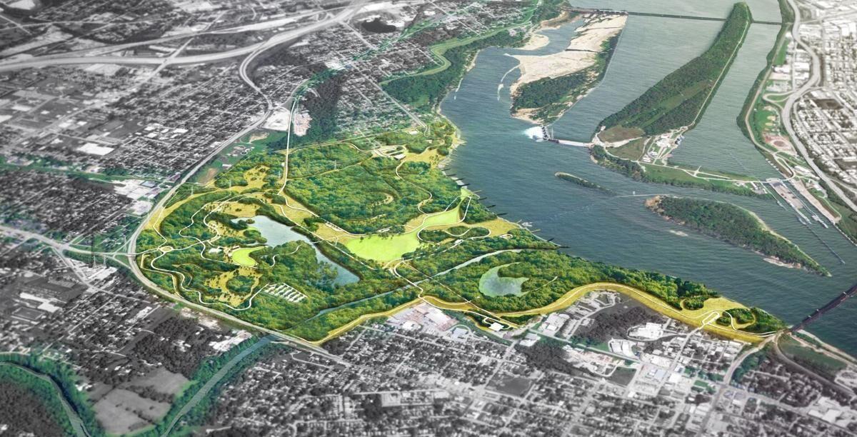A rendering shows the design for Origin Park in Southern Indiana which will be developed by River Heritage Conservancy and a number of partners. Image courtesy of RHC