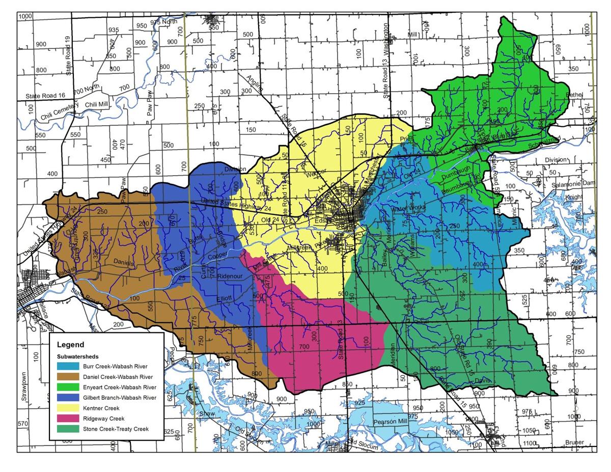 A map of smaller watersheds that feed into the Wabash River, which eventually ends up in the Mississippi River basin.
