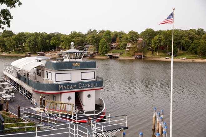 
The Madam Carroll sits docked on the Tippecanoe River as low water levels reveal a sandy riverbank across the river, Monday, Sept. 14, 2020 in Monticello. Staff photo by Nikos Frazier
