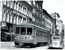 In its heyday: Car 205, a streetcar in the Indiana Railroad’s Terre Haute system, rolls down Wabash Avenue in April 1939. By June, streetcars disappeared from local streets, replaced by buses. Courtesy George Krambles Archives