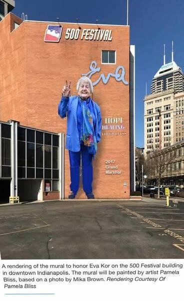 Artist Pamela Bliss' rendering of the Eva Kor mural at the 500 Festival Building in downtown Indianapolis. Eva Kor's image in the mural is based on a photo by Mika Brown taken during one of Kor's trips to Auschwitz. 