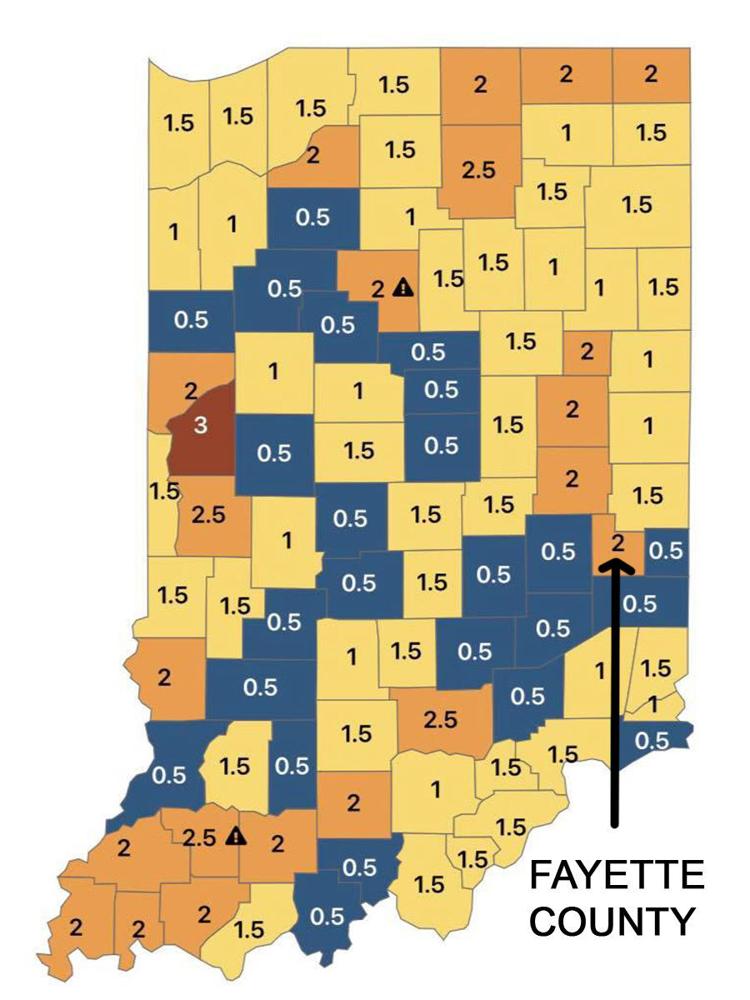 Indiana went from a level blue to a level orange since last week. The positivity rate in Fayette County rose to 7.44 percent from 1.88 percent one week ago. Image from Indiana State Department of Health