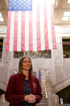 Paula Copenhaver, Fountain County clerk, stands in the atrium of the Fountain County Courthouse, Friday, Oct. 16, 2020 in Covington. Staff photo by Nikos Frazier