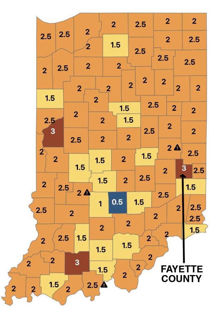 Fayette County is red for a second straight week, ranked number one in Indiana with a positivity rate of 22.52 percent, up from 17 percent last week. Image from Indiana State Department of Health