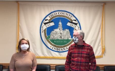Vigo County Health Department Administrator Joni Wise, left) and Vigo County Commissioner Brendan Kearns discuss the COVID-19 surge in a video posted to his Facebook page, 'Brendan Kearns for Vigo County' on Thursday, Nov. 12, 2020. Photo from Facebook video