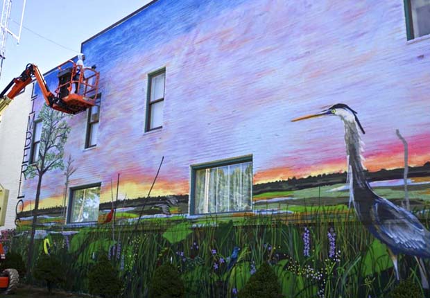 Muralist Zach Medler uses a lift to get a closer look at the horizon of his latest work — a mural depicting the Limberlost Swamp, painted on the west side of Geneva Town Hall. Medler, son of Portland’s Mike and Sue Medler, was commissioned to paint the mural in the fall as part of a mural fest that saw 11 new murals painted in 11 northeast Indiana counties. (Photo provided)
