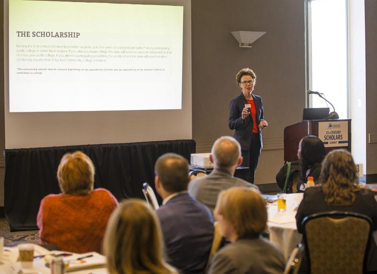 Rose Meissner, Community Foundation of St. Joseph County president talks in 2019 about efforts to win a grant to boost usage of Indiana’s 21st Century Scholars program. Provided image