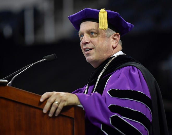 University of Evansville President Christopher Pietruskeiwicz speaking at the school's 161st commencement ceremony at the Ford Center Saturday, May 11, 2019. Staff photo by Mike Lawrence