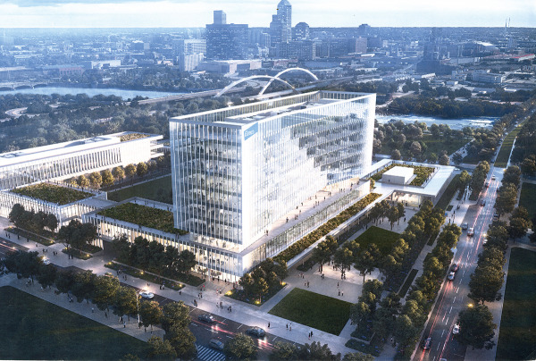This rendering is not Elanco’s design for its headquarters building. But the image was part of the IEDC’s pitch to the company to use the GM stamping plant site. (Rendering courtesy of IEDC)